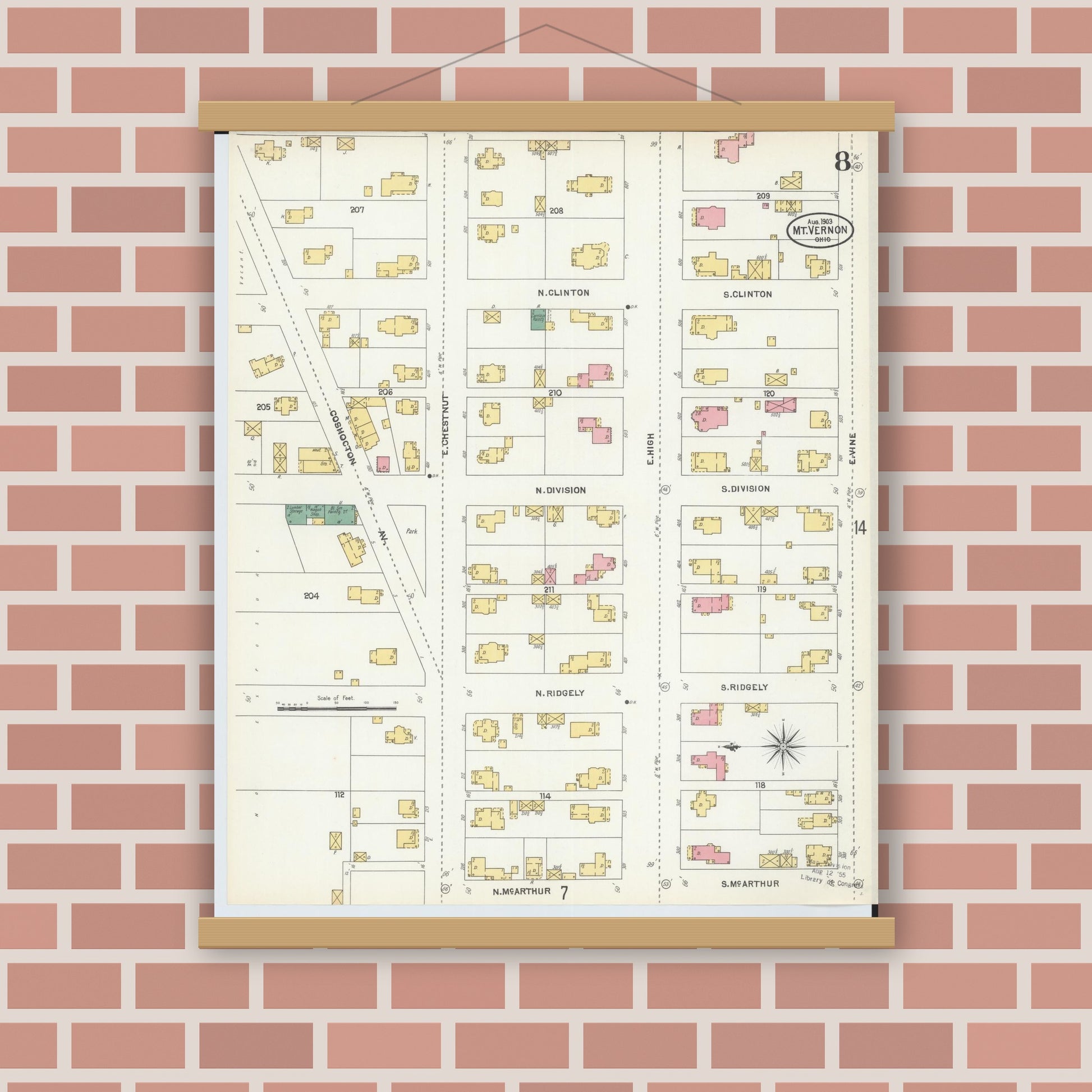 Old map wall art mockup — magnetic wood frame on brick wall — Sanborn Fire Insurance Map from Mount Vernon, Knox County, Ohio (1903), Sheet #0008
