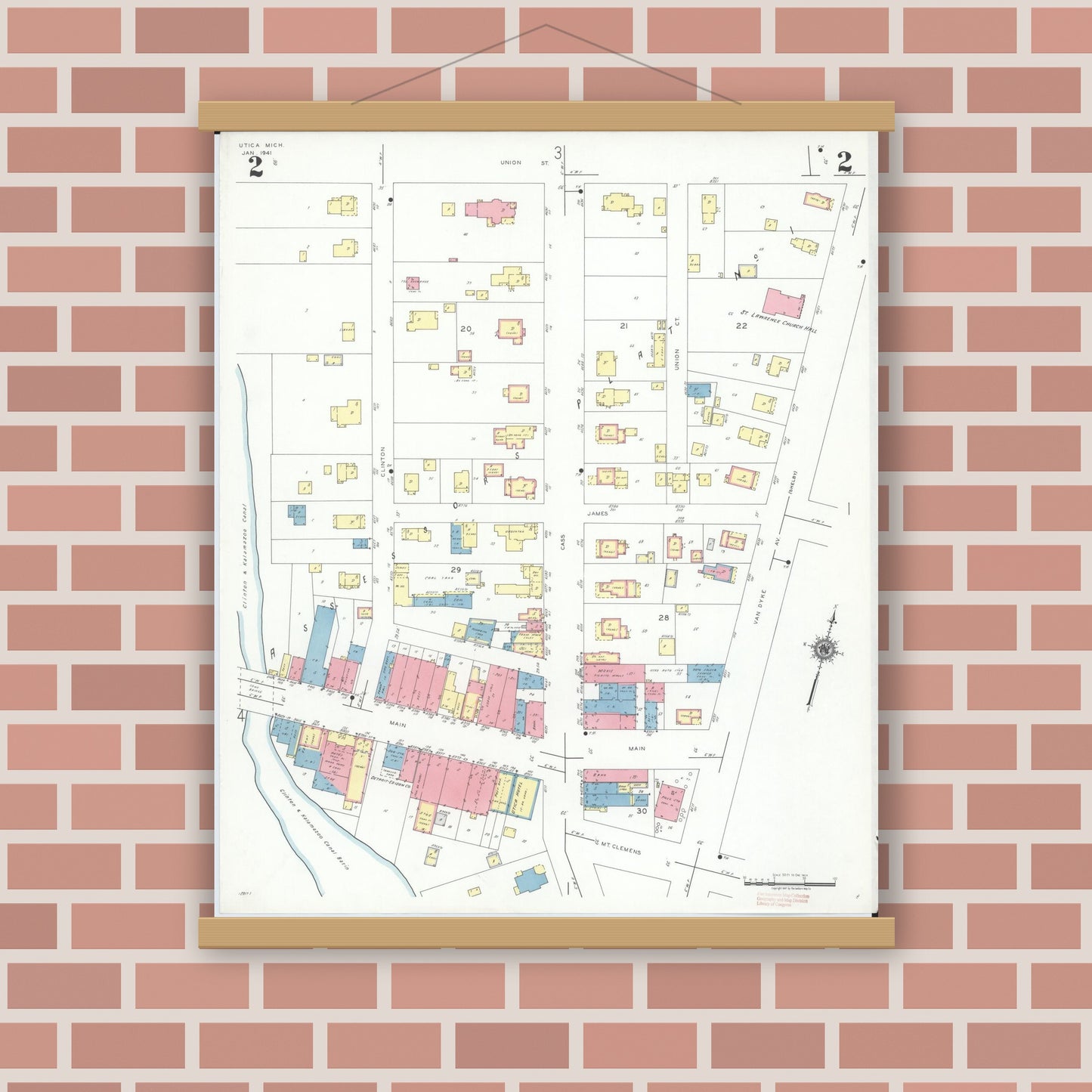 Old map wall art mockup — magnetic wood frame on brick wall — Sanborn Fire Insurance Map from Utica, Macomb County, Michigan (1941), Sheet #0002