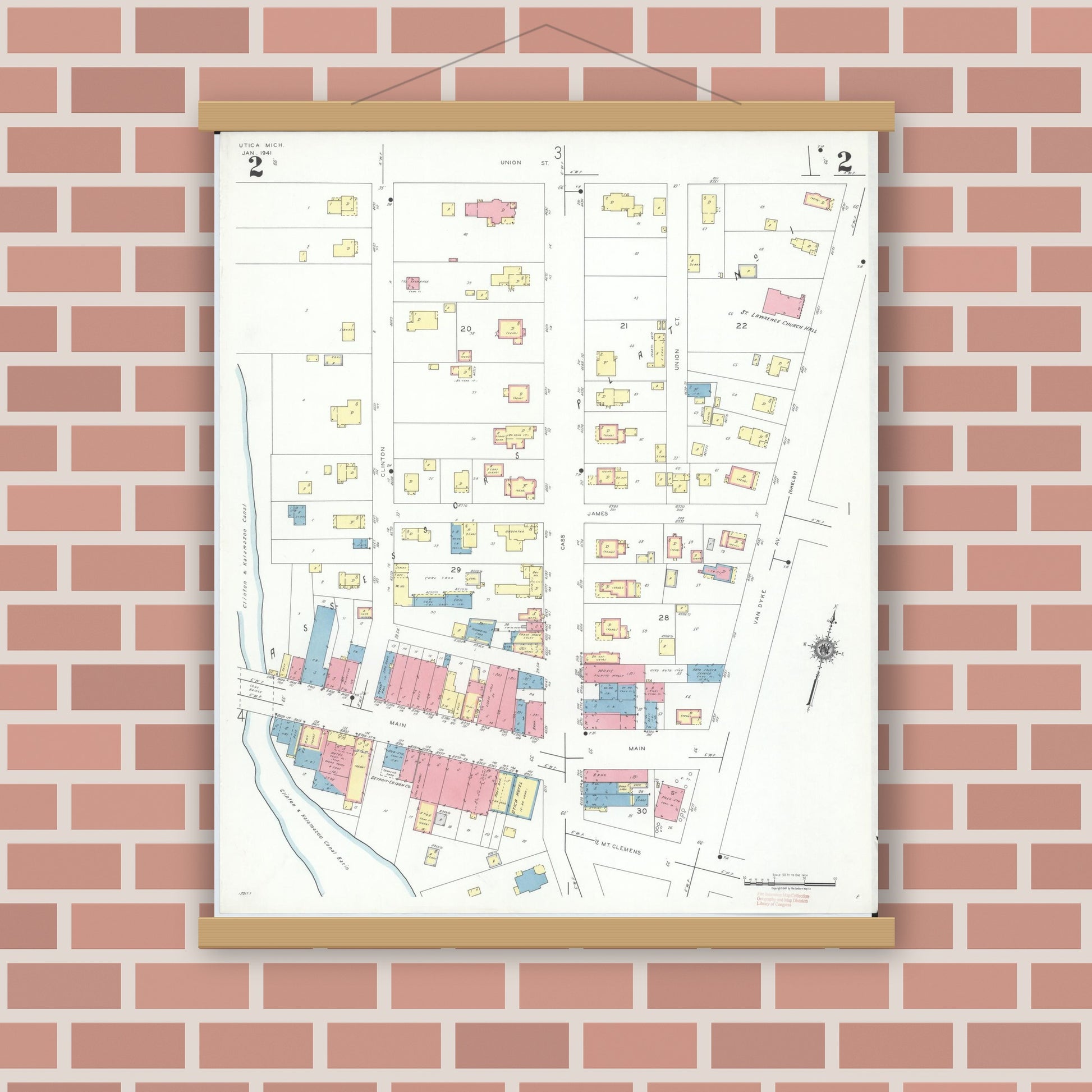 Old map wall art mockup — magnetic wood frame on brick wall — Sanborn Fire Insurance Map from Utica, Macomb County, Michigan (1941), Sheet #0002
