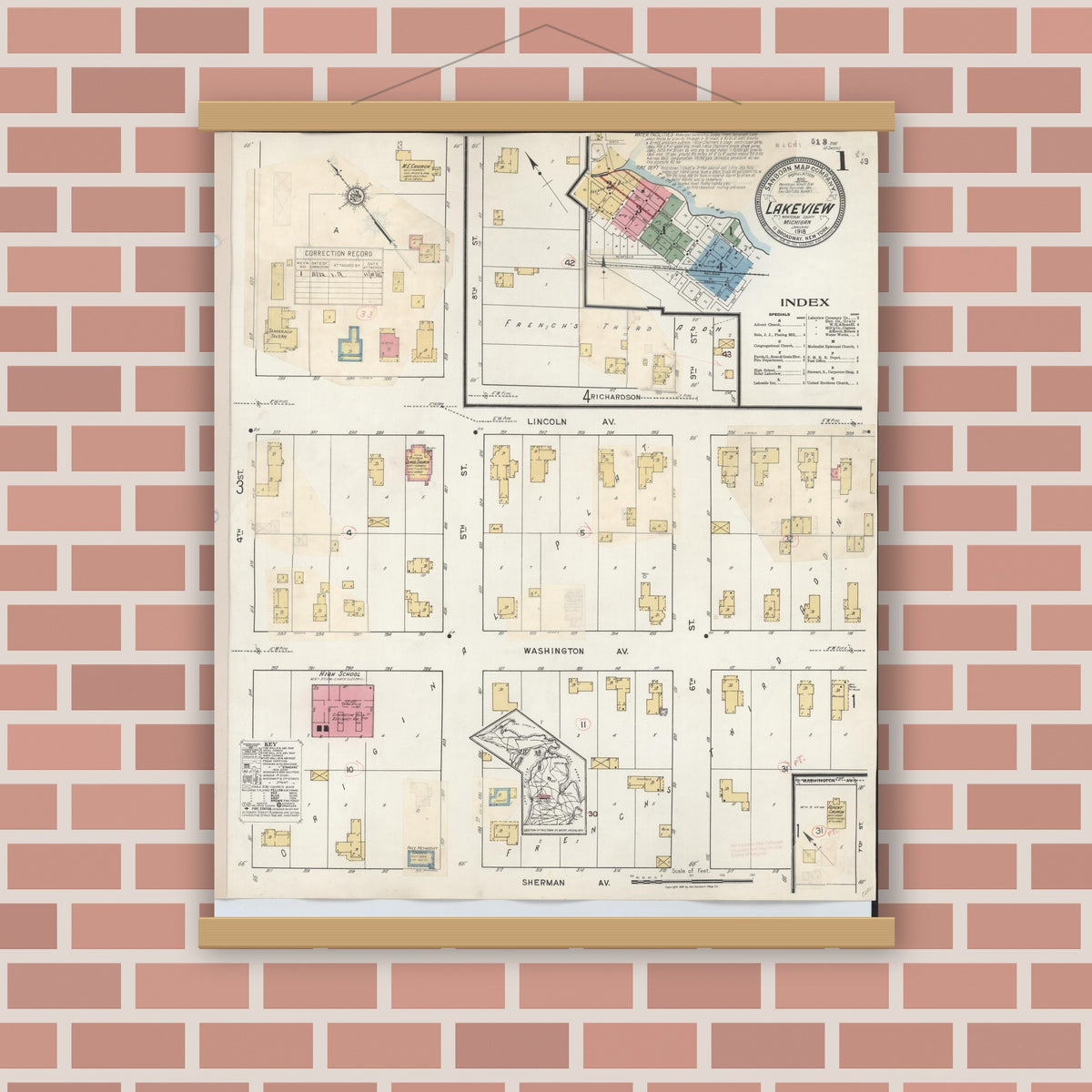 Old map wall art mockup — magnetic wood frame on brick wall — Sanborn Fire Insurance Map from Lakeview, Montcalm County, Michigan (1932), Sheet #0001