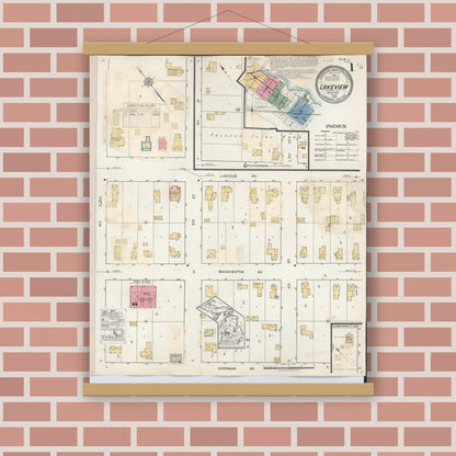Old map wall art mockup — magnetic wood frame on brick wall — Sanborn Fire Insurance Map from Lakeview, Montcalm County, Michigan (1932), Sheet #0001