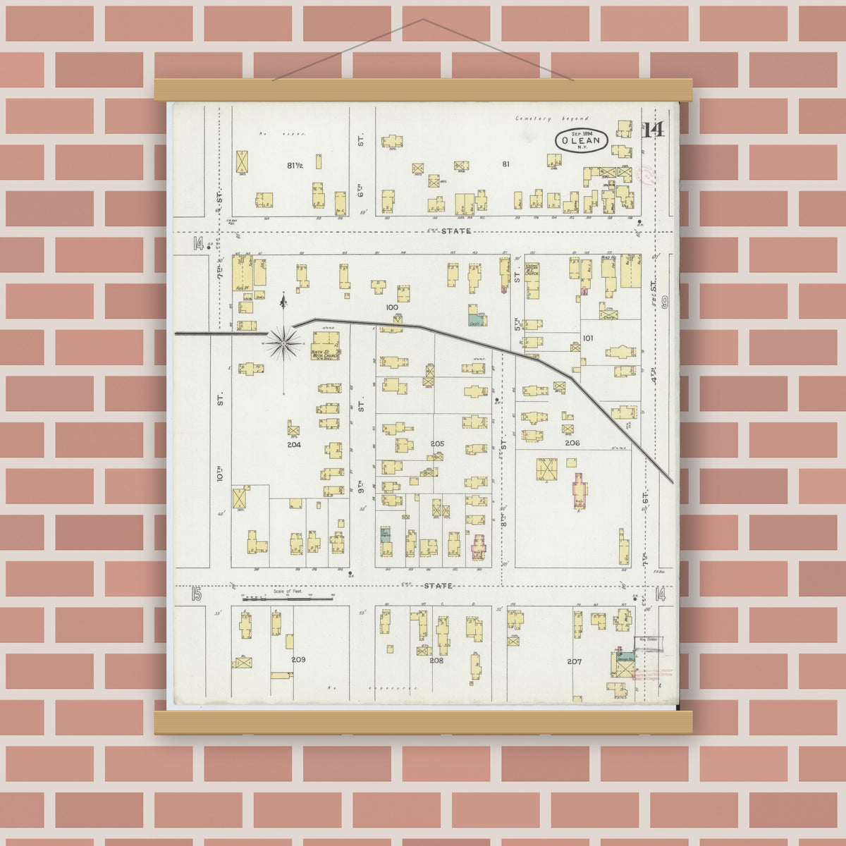Old map wall art mockup — magnetic wood frame on brick wall — Sanborn Fire Insurance Map from Olean, Cattaraugus County, New York (1894), Sheet #0014
