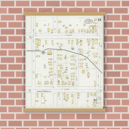 Old map wall art mockup — magnetic wood frame on brick wall — Sanborn Fire Insurance Map from Olean, Cattaraugus County, New York (1894), Sheet #0014