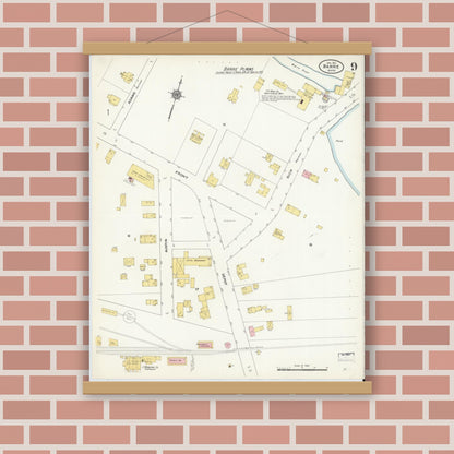 Old map wall art mockup — magnetic wood frame on brick wall — Sanborn Fire Insurance Map from Barre, Worcester County, Massachusetts (1911), Sheet #0009