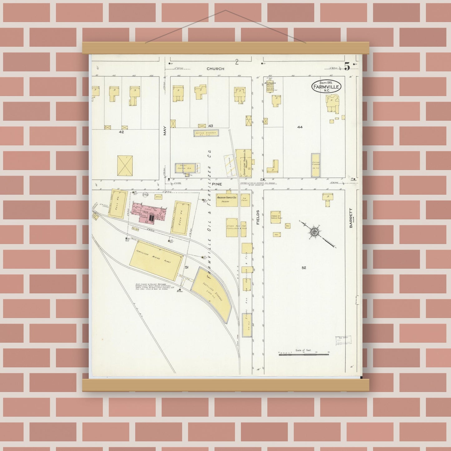 Old map wall art mockup — magnetic wood frame on brick wall — Sanborn Fire Insurance Map from Farmville, Pitt County, North Carolina (1915), Sheet #0005