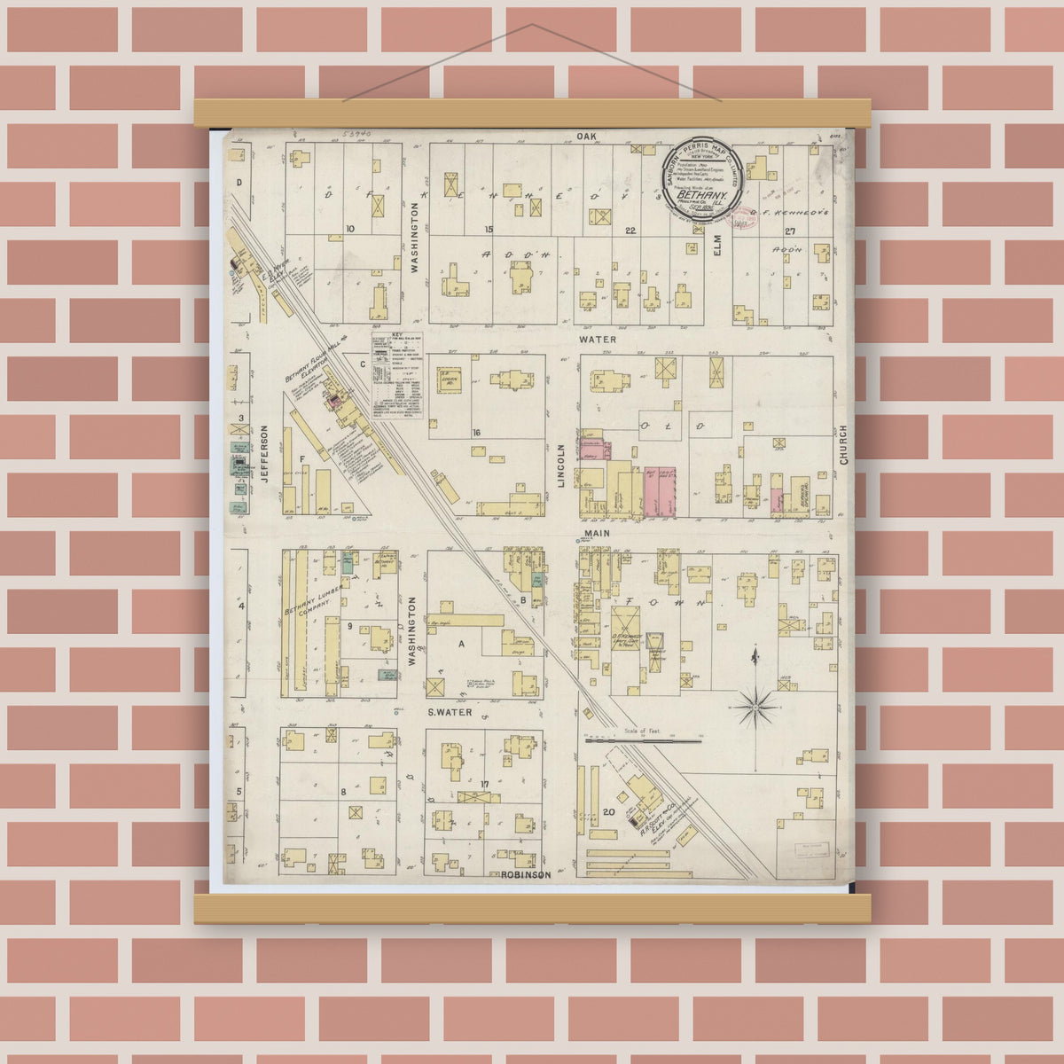 Old map wall art mockup — magnetic wood frame on brick wall — Sanborn Fire Insurance Map from Bethany, Moultrie County, Illinois (1895), Sheet #0001