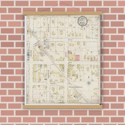Old map wall art mockup — magnetic wood frame on brick wall — Sanborn Fire Insurance Map from Bethany, Moultrie County, Illinois (1895), Sheet #0001