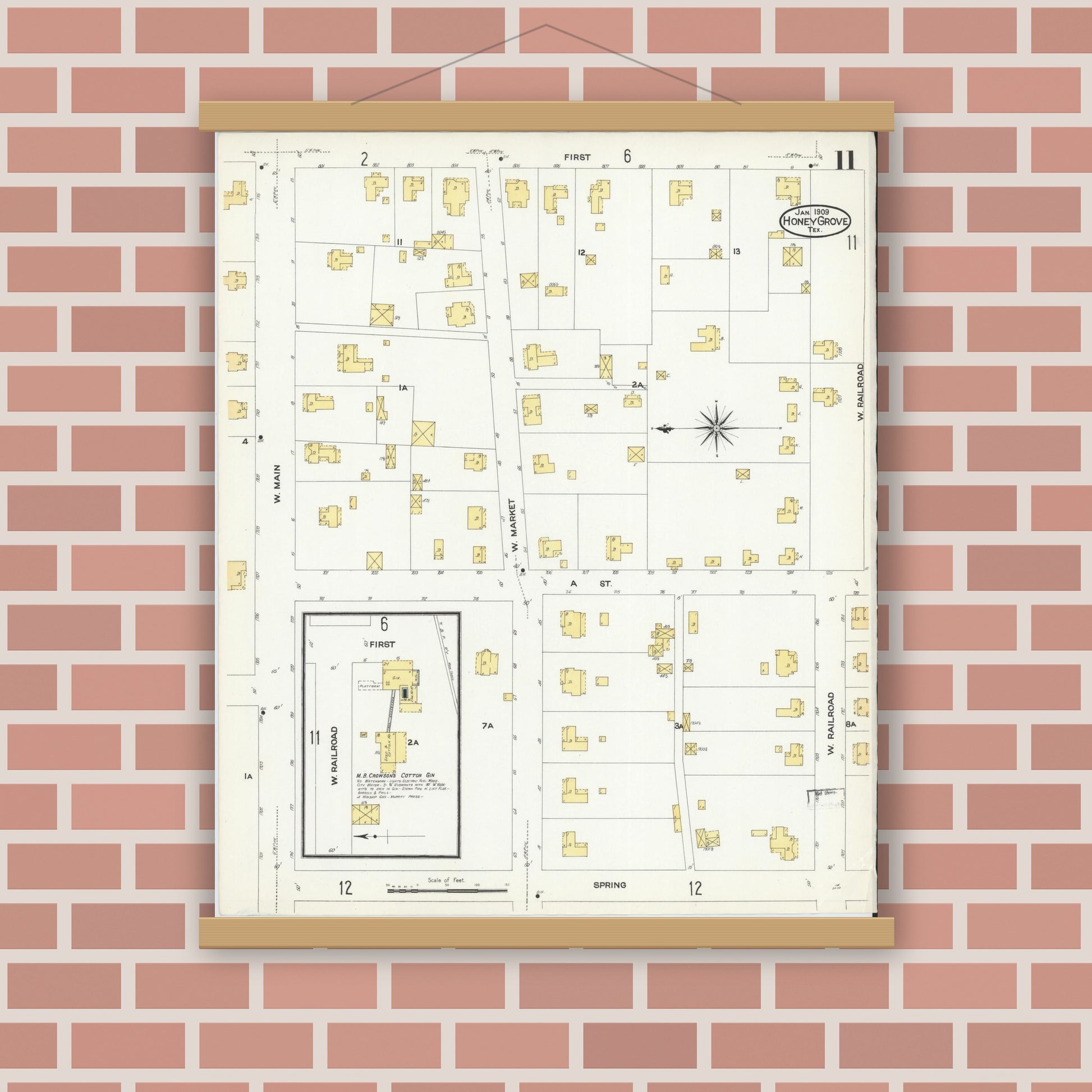 Old map wall art mockup — magnetic wood frame on brick wall — Sanborn Fire Insurance Map from Honey Grove, Fannin County, Texas (1909), Sheet #0011