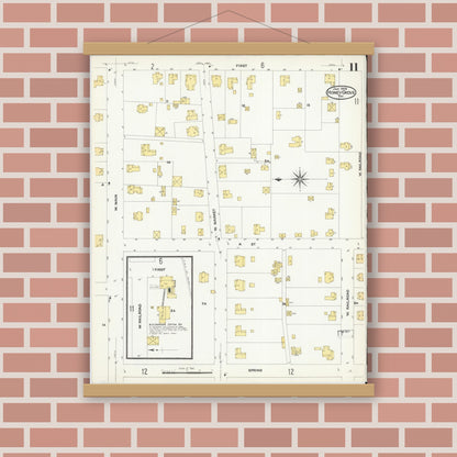 Old map wall art mockup — magnetic wood frame on brick wall — Sanborn Fire Insurance Map from Honey Grove, Fannin County, Texas (1909), Sheet #0011