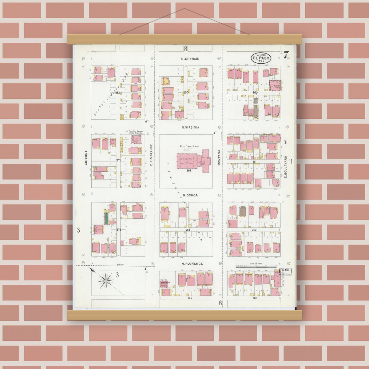 Old map wall art mockup — magnetic wood frame on brick wall — Sanborn Fire Insurance Map from El Paso, El Paso County, Texas (1905), Sheet #0007