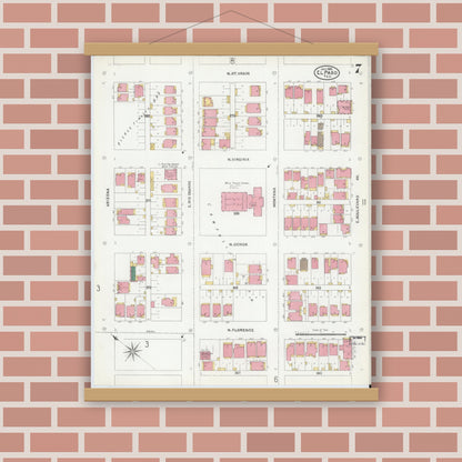 Old map wall art mockup — magnetic wood frame on brick wall — Sanborn Fire Insurance Map from El Paso, El Paso County, Texas (1905), Sheet #0007