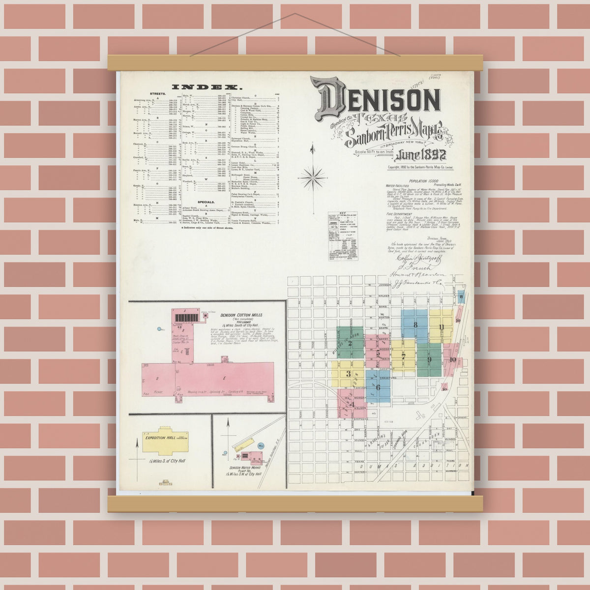 Old map wall art mockup — magnetic wood frame on brick wall — Sanborn Fire Insurance Map from Denison, Grayson County, Texas (1892) - Complete Map Set