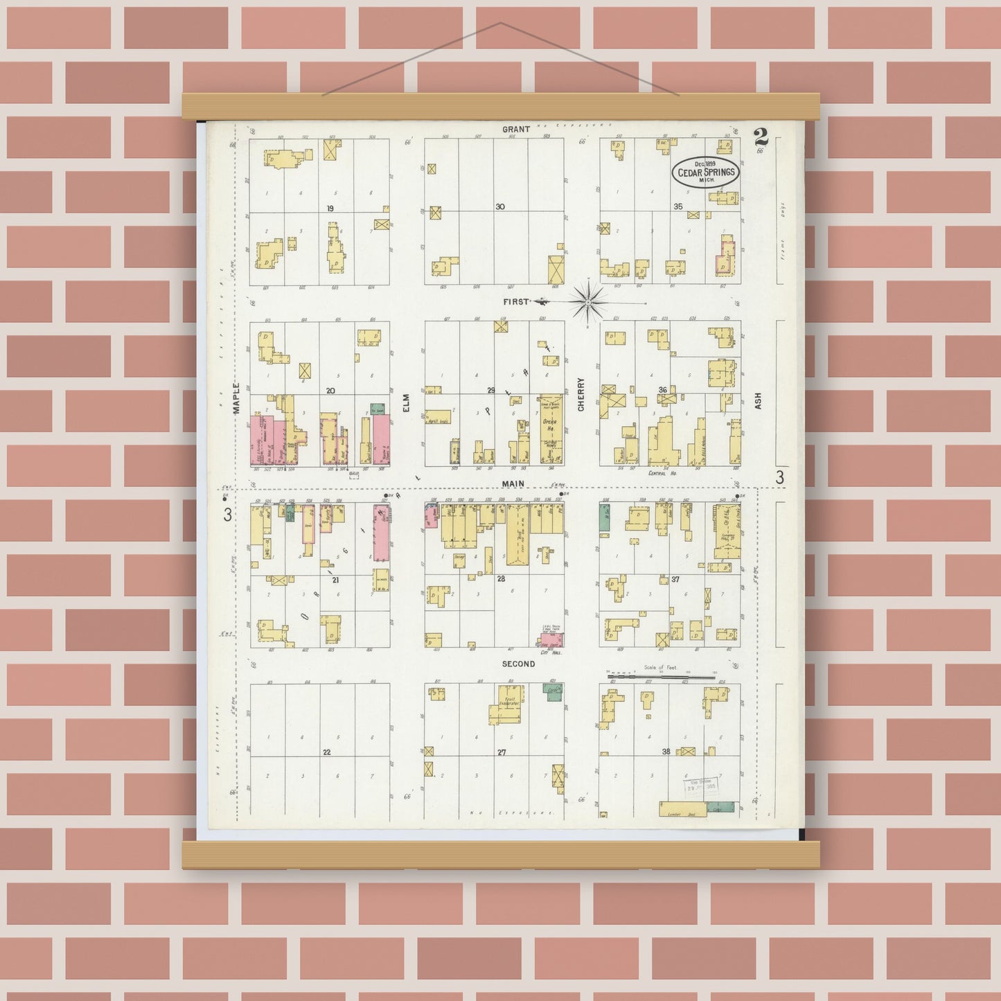 Old map wall art mockup — magnetic wood frame on brick wall — Sanborn Fire Insurance Map from Cedar Springs, Kent County, Michigan (1899), Sheet #0002