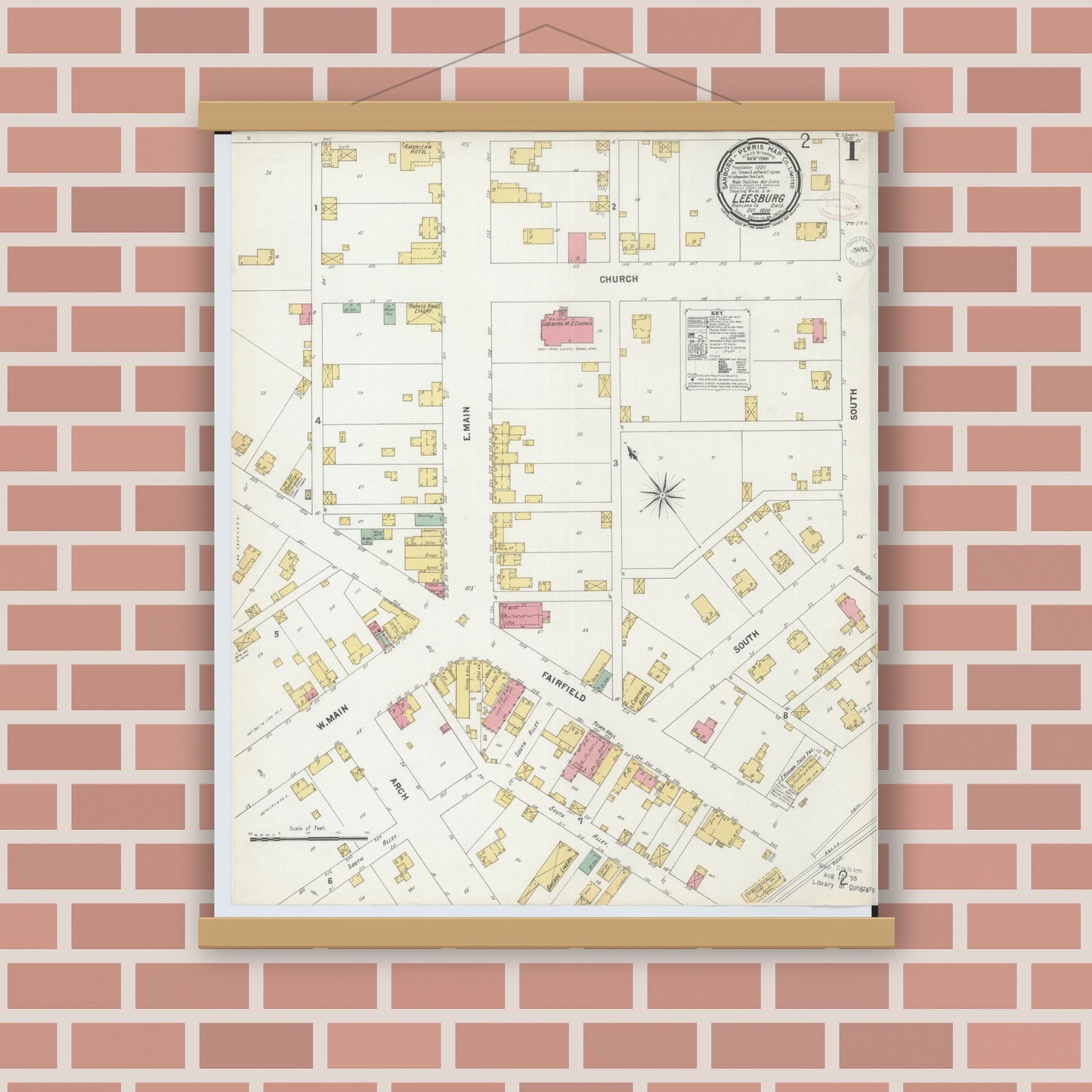 Old map wall art mockup — magnetic wood frame on brick wall — Sanborn Fire Insurance Map from Leesburg, Highland County, Ohio (1899) - Complete Map Set