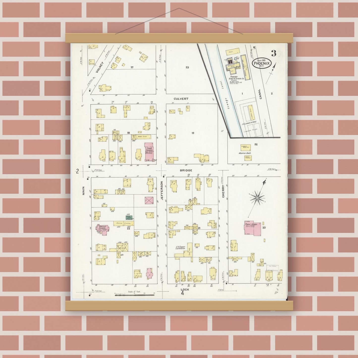 Old map wall art mockup — magnetic wood frame on brick wall — Sanborn Fire Insurance Map from Phoenix, Oswego County, New York (1909), Sheet #0003