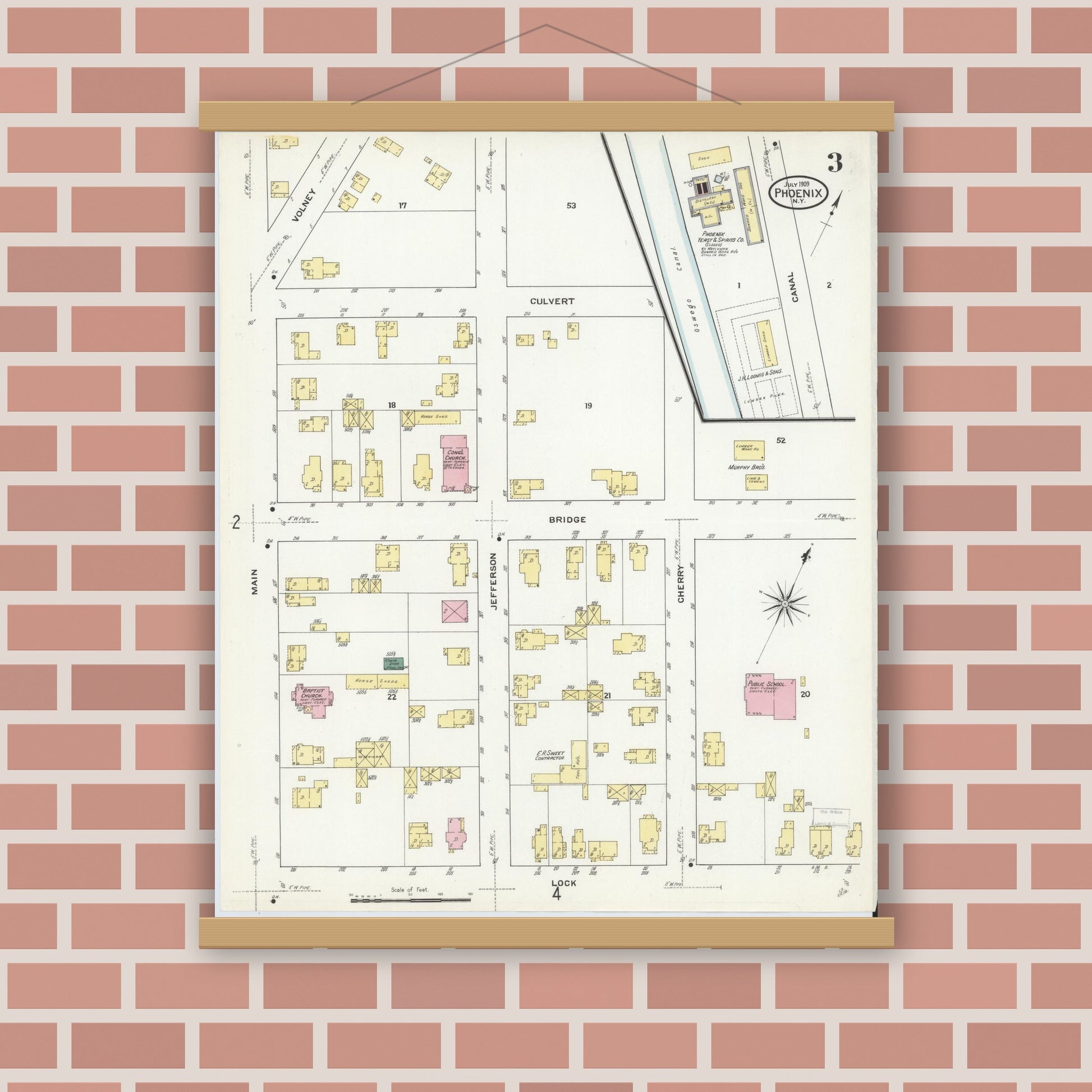 Old map wall art mockup — magnetic wood frame on brick wall — Sanborn Fire Insurance Map from Phoenix, Oswego County, New York (1909), Sheet #0003