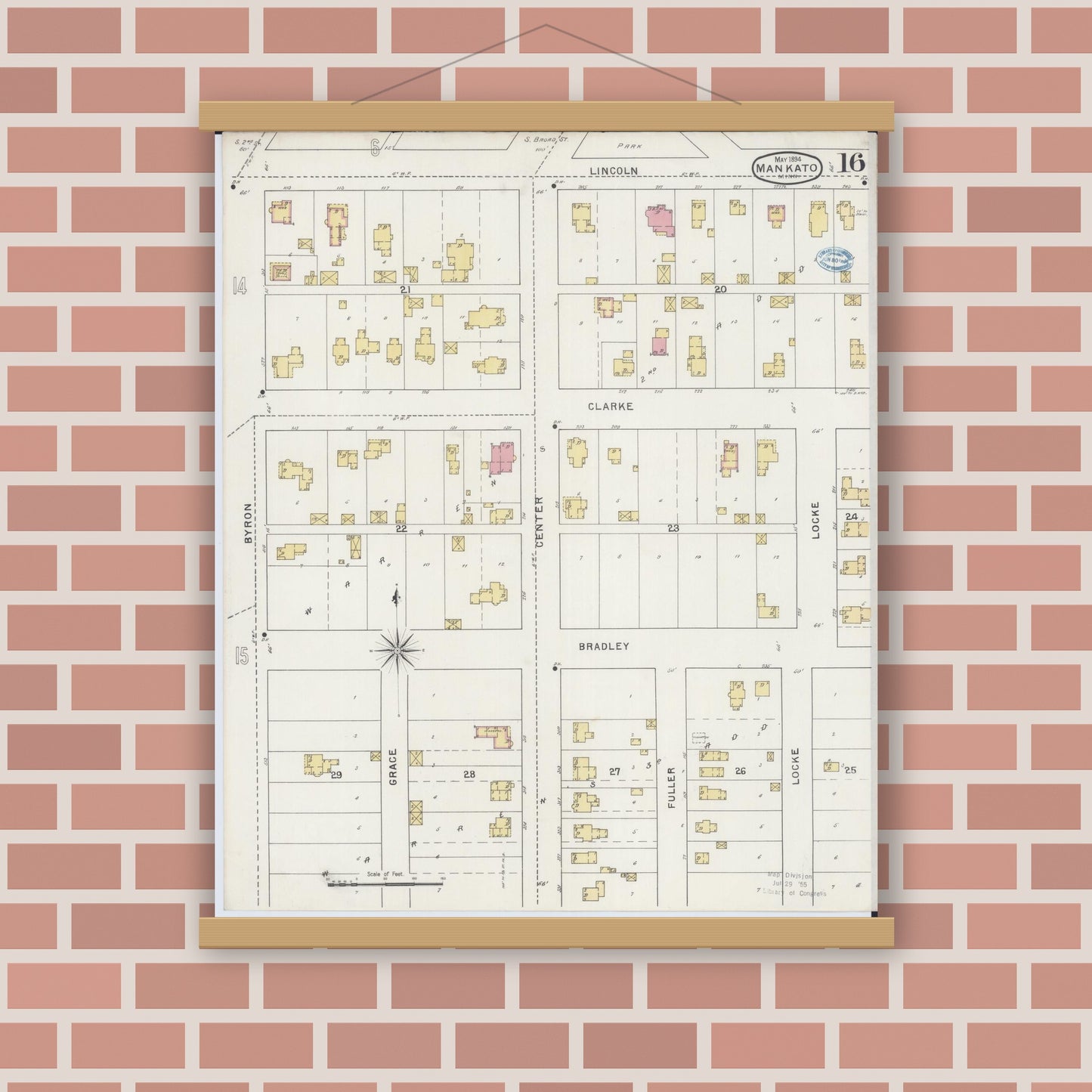 Old map wall art mockup — magnetic wood frame on brick wall — Sanborn Fire Insurance Map from Mankato, Blue Earth County, Minnesota (1894), Sheet #0016