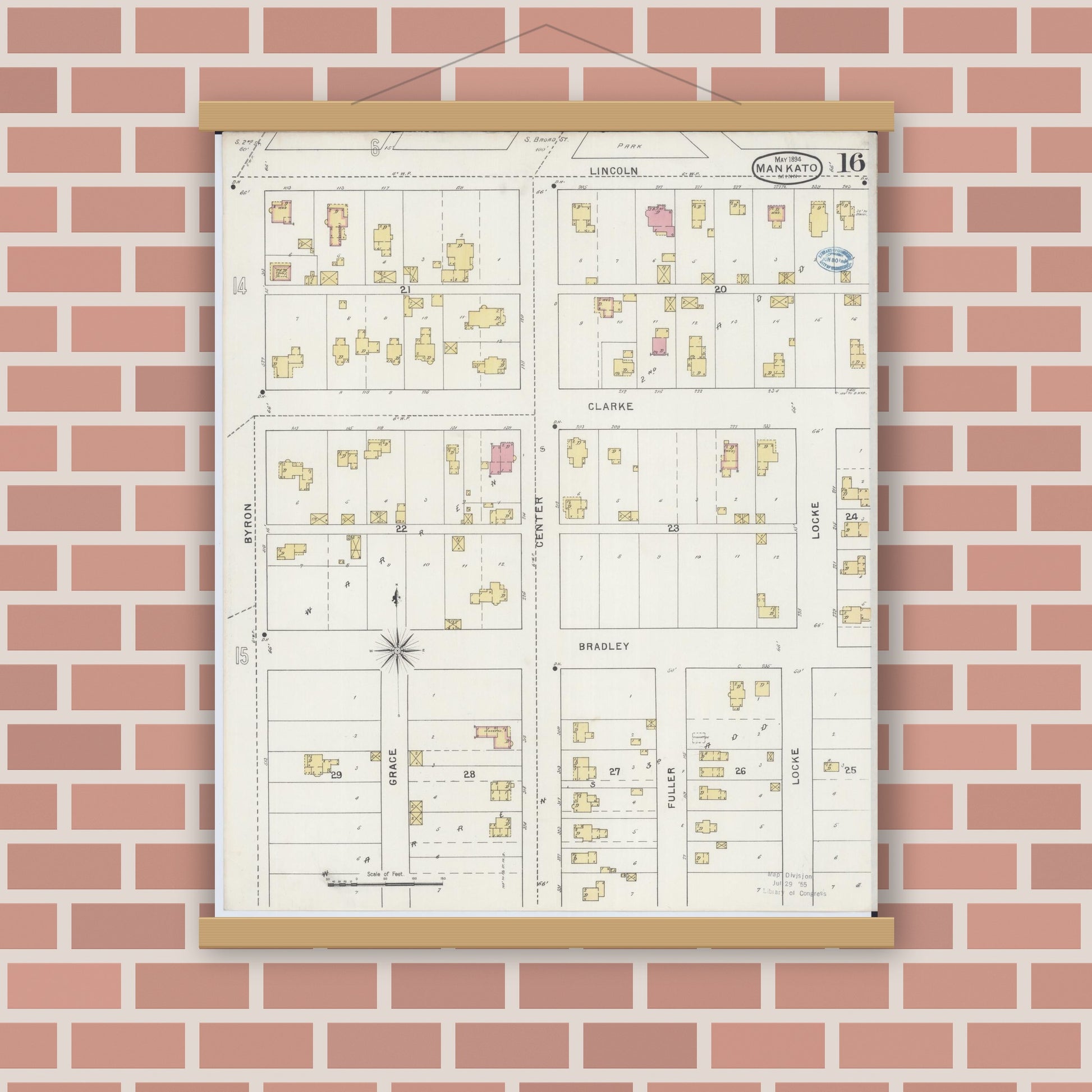 Old map wall art mockup — magnetic wood frame on brick wall — Sanborn Fire Insurance Map from Mankato, Blue Earth County, Minnesota (1894), Sheet #0016