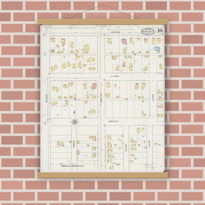 Old map wall art mockup — magnetic wood frame on brick wall — Sanborn Fire Insurance Map from Mankato, Blue Earth County, Minnesota (1894), Sheet #0016