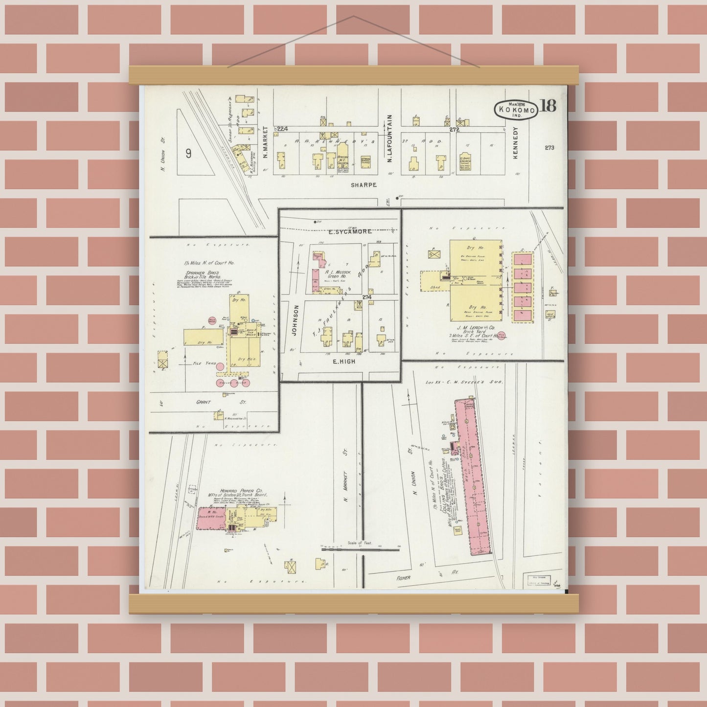 Old map wall art mockup — magnetic wood frame on brick wall — Sanborn Fire Insurance Map from Kokomo, Howard County, Indiana (1896), Sheet #0018