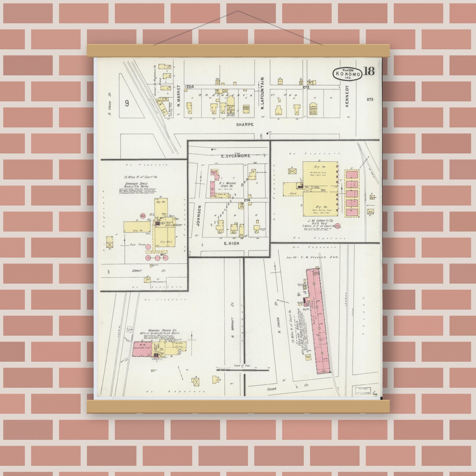 Old map wall art mockup — magnetic wood frame on brick wall — Sanborn Fire Insurance Map from Kokomo, Howard County, Indiana (1896), Sheet #0018