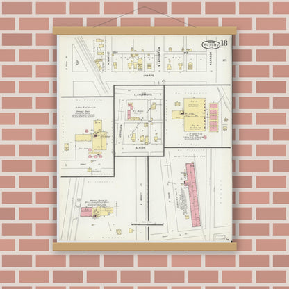 Old map wall art mockup — magnetic wood frame on brick wall — Sanborn Fire Insurance Map from Kokomo, Howard County, Indiana (1896), Sheet #0018