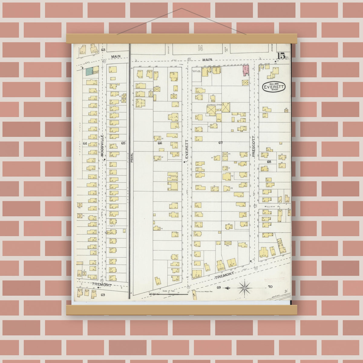Old map wall art mockup — magnetic wood frame on brick wall — Sanborn Fire Insurance Map from Everett, Middlesex County, Massachusetts (1892), Sheet #0015