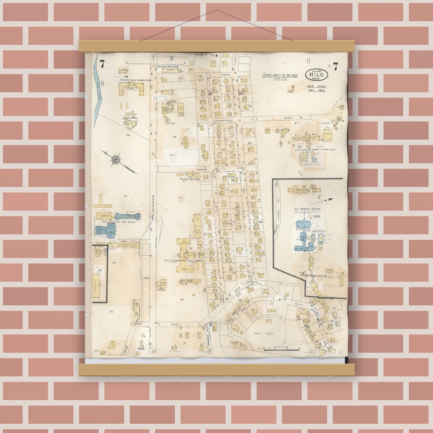 Old map wall art mockup — magnetic wood frame on brick wall — Sanborn Fire Insurance Map from Hilo, Hawaii County, Hawaii (1957), Sheet #0007
