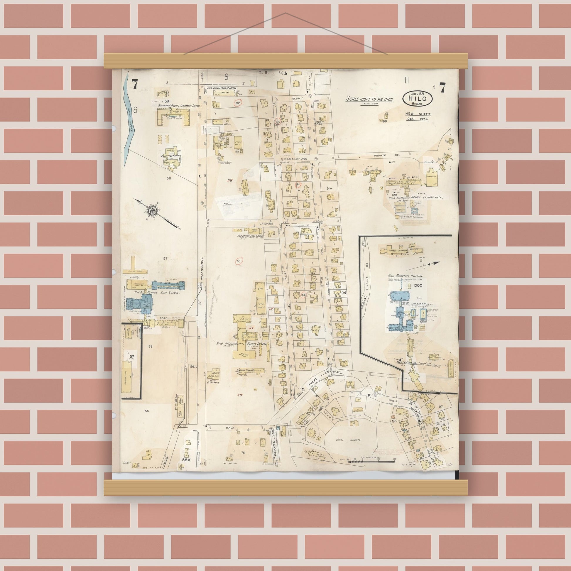 Old map wall art mockup — magnetic wood frame on brick wall — Sanborn Fire Insurance Map from Hilo, Hawaii County, Hawaii (1957), Sheet #0007