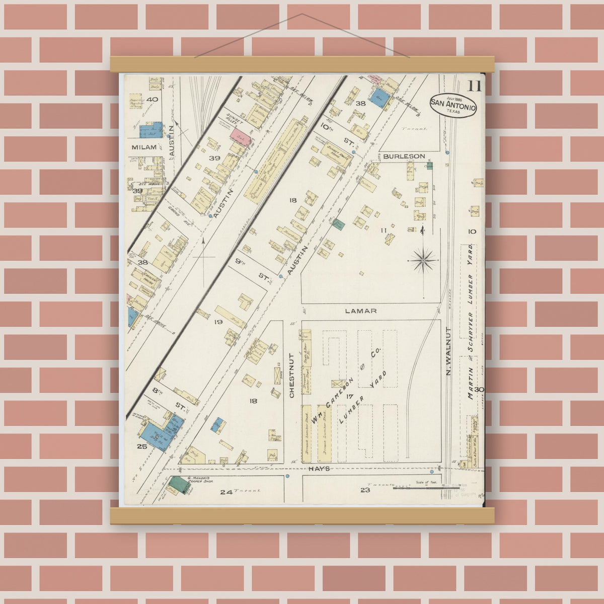 Old map wall art mockup — magnetic wood frame on brick wall — Sanborn Fire Insurance Map from San Antonio, Bexar County, Texas (1885), Sheet #0011