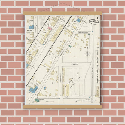 Old map wall art mockup — magnetic wood frame on brick wall — Sanborn Fire Insurance Map from San Antonio, Bexar County, Texas (1885), Sheet #0011