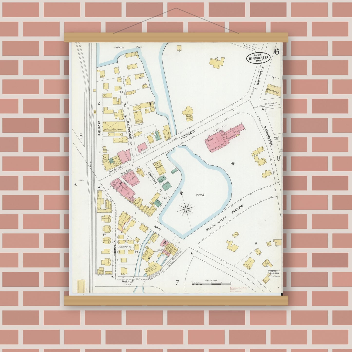 Old map wall art mockup — magnetic wood frame on brick wall — Sanborn Fire Insurance Map from Winchester, Middlesex County, Massachusetts (1899), Sheet #0006