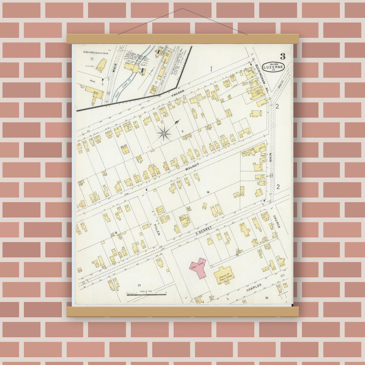 Old map wall art mockup — magnetic wood frame on brick wall — Sanborn Fire Insurance Map from Luzerne, Luzerne County, Pennsylvania (1896), Sheet #0003