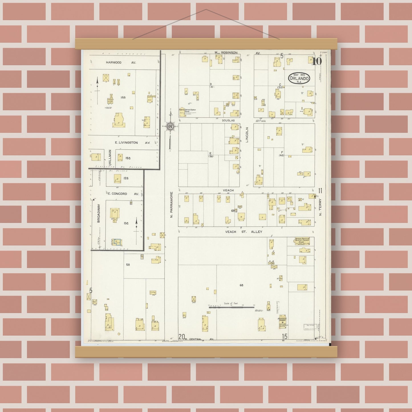 Old map wall art mockup — magnetic wood frame on brick wall — Sanborn Fire Insurance Map from Orlando, Orange County, Florida (1913), Sheet #0010