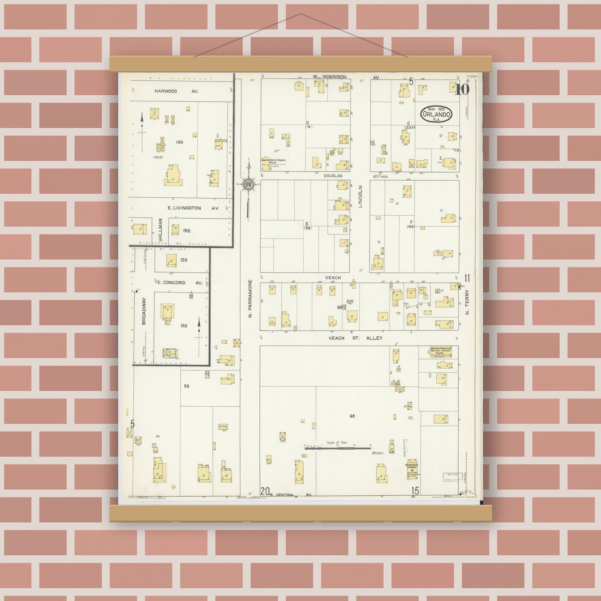 Old map wall art mockup — magnetic wood frame on brick wall — Sanborn Fire Insurance Map from Orlando, Orange County, Florida (1913), Sheet #0010