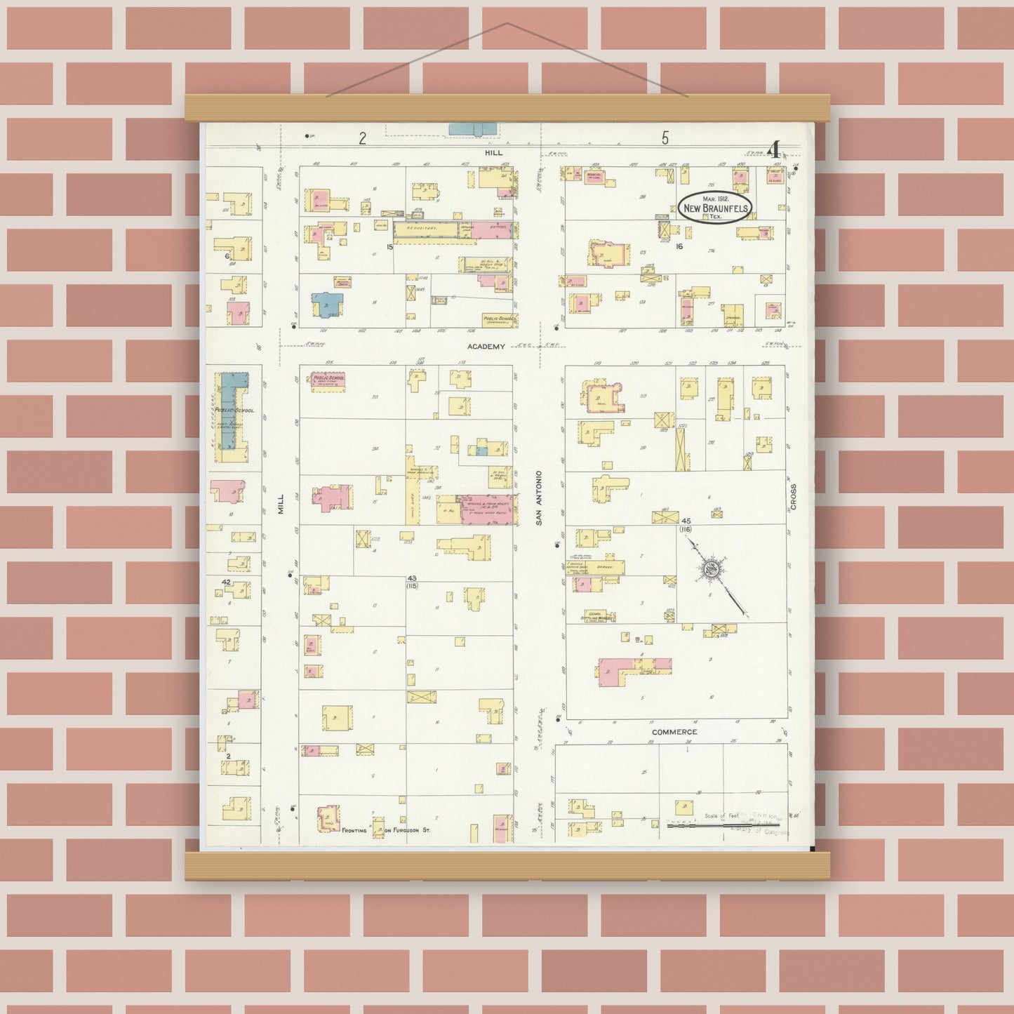 Old map wall art mockup — magnetic wood frame on brick wall — Sanborn Fire Insurance Map from New Braunfels, Comal County, Texas (1912), Sheet #0004