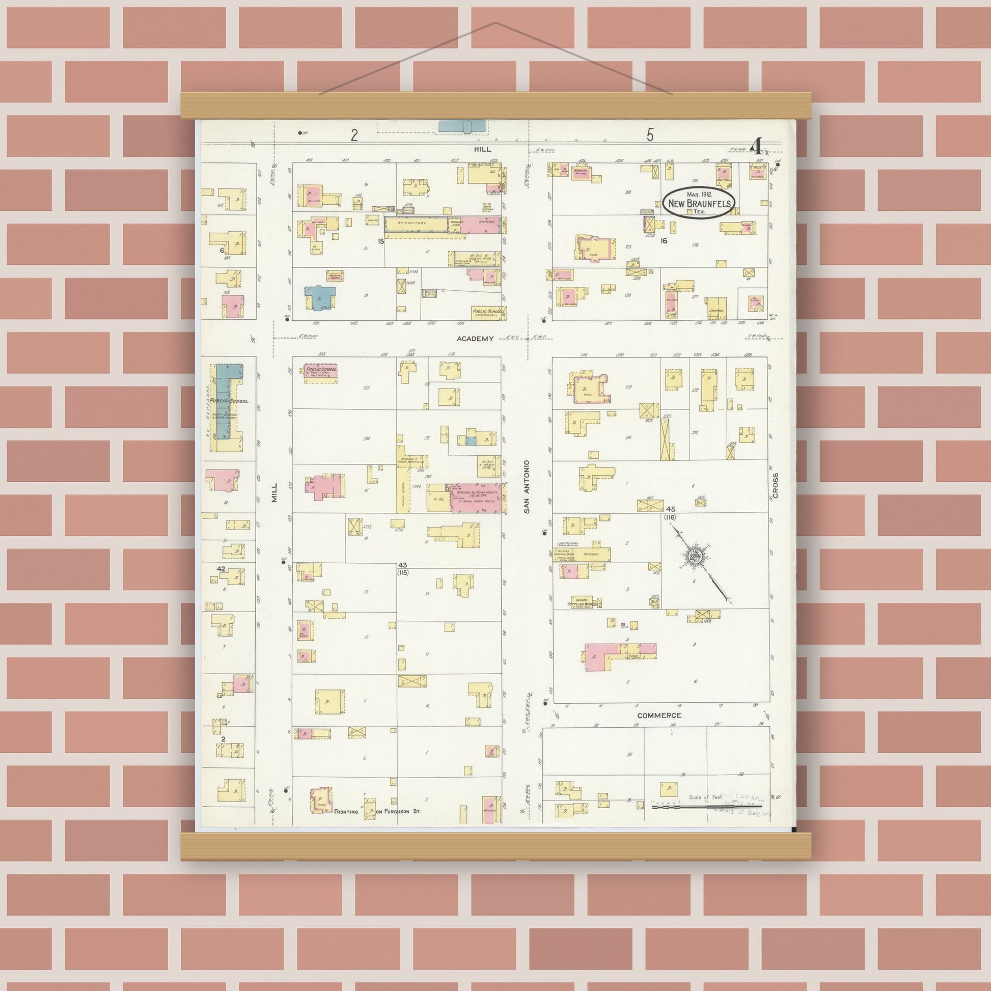 Old map wall art mockup — magnetic wood frame on brick wall — Sanborn Fire Insurance Map from New Braunfels, Comal County, Texas (1912), Sheet #0004
