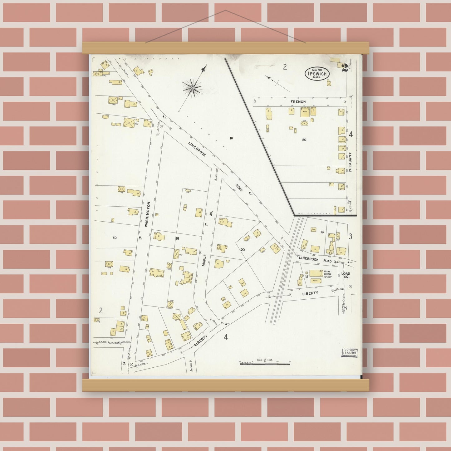 Old map wall art mockup — magnetic wood frame on brick wall — Sanborn Fire Insurance Map from Ipswich, Essex County, Massachusetts (1907), Sheet #0002