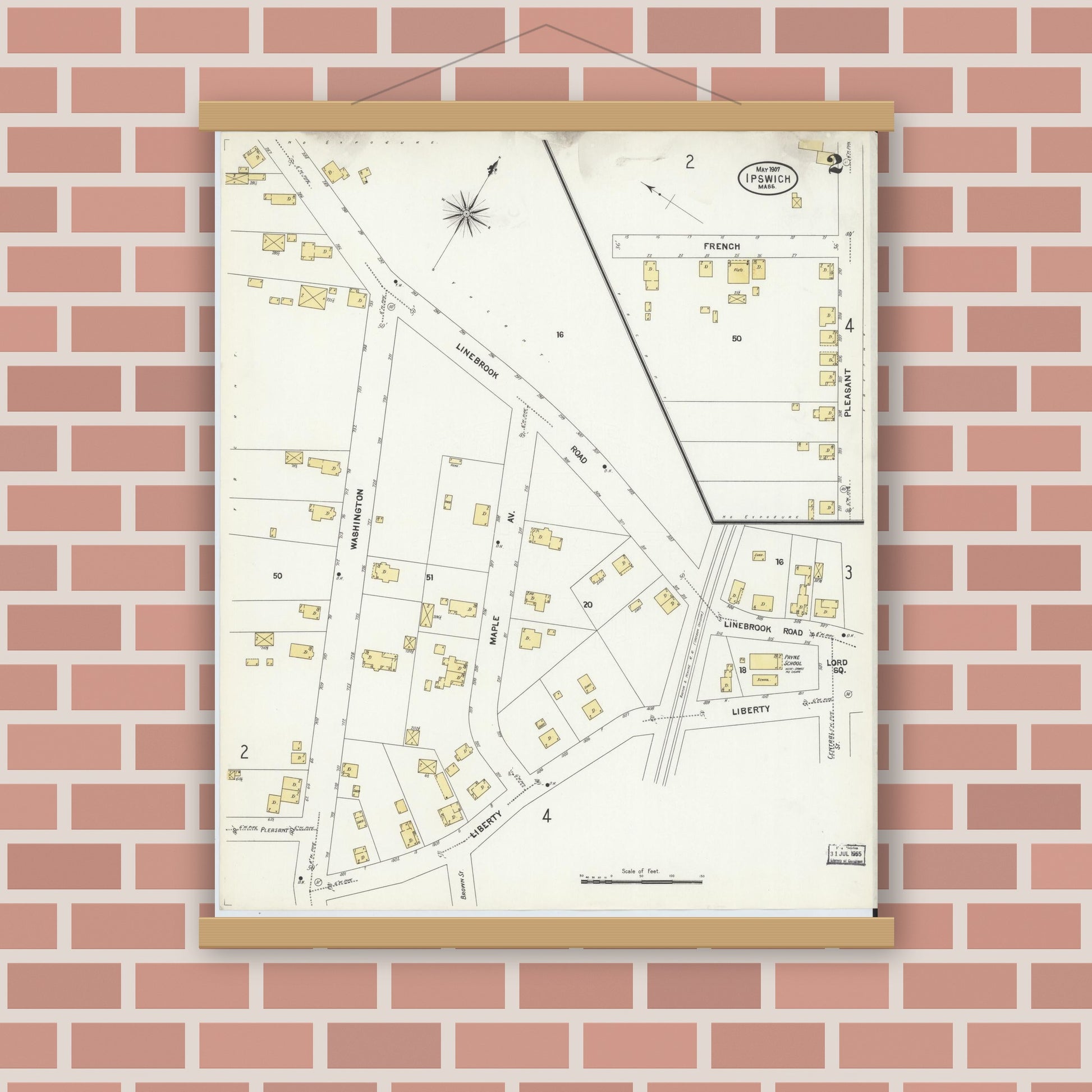 Old map wall art mockup — magnetic wood frame on brick wall — Sanborn Fire Insurance Map from Ipswich, Essex County, Massachusetts (1907), Sheet #0002