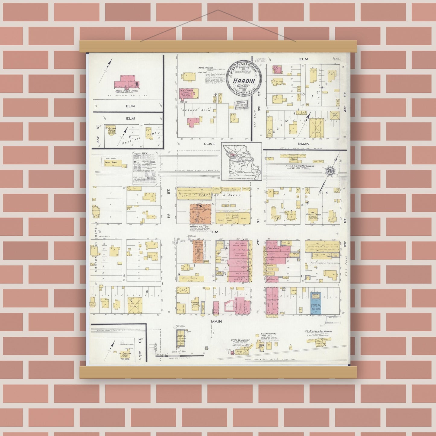 Old map wall art mockup — magnetic wood frame on brick wall — Sanborn Fire Insurance Map from Hardin, Ray County, Missouri (1917), Sheet #0001