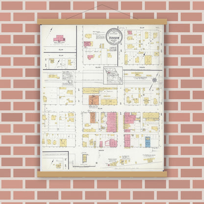 Old map wall art mockup — magnetic wood frame on brick wall — Sanborn Fire Insurance Map from Hardin, Ray County, Missouri (1917), Sheet #0001