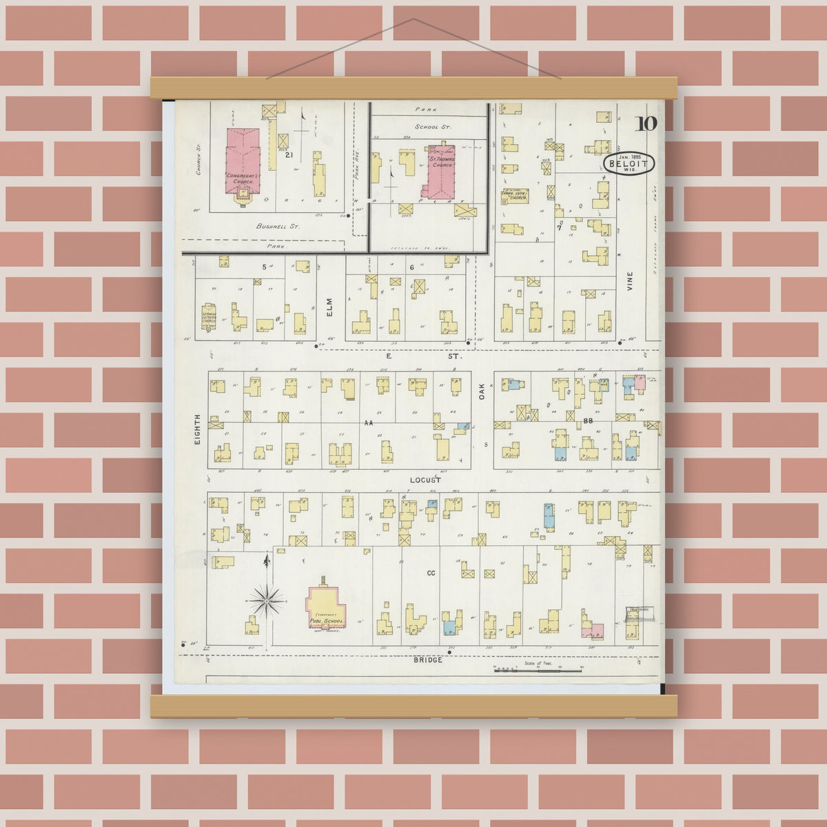 Old map wall art mockup — magnetic wood frame on brick wall — Sanborn Fire Insurance Map from Beloit, Rock County, Wisconsin (1895), Sheet #0010