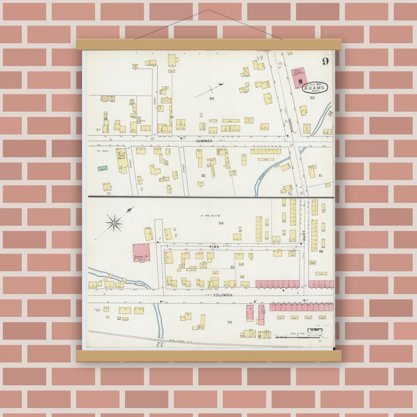 Old map wall art mockup — magnetic wood frame on brick wall — Sanborn Fire Insurance Map from Adams, Berkshire County, Massachusetts (1895), Sheet #0009