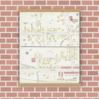 Old map wall art mockup — magnetic wood frame on brick wall — Sanborn Fire Insurance Map from Adams, Berkshire County, Massachusetts (1895), Sheet #0009