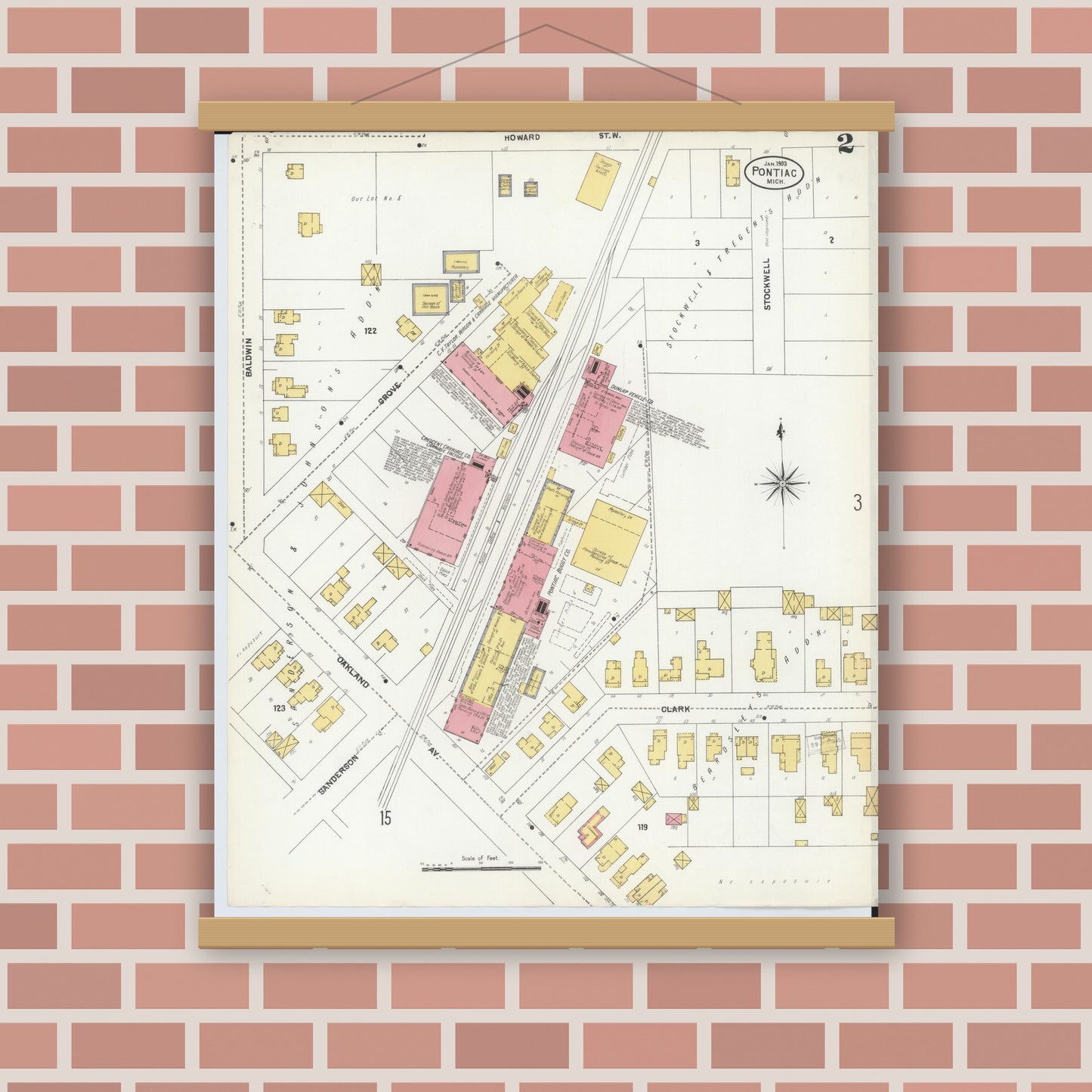 Old map wall art mockup — magnetic wood frame on brick wall — Sanborn Fire Insurance Map from Pontiac, Oakland County, Michigan (1903), Sheet #0002