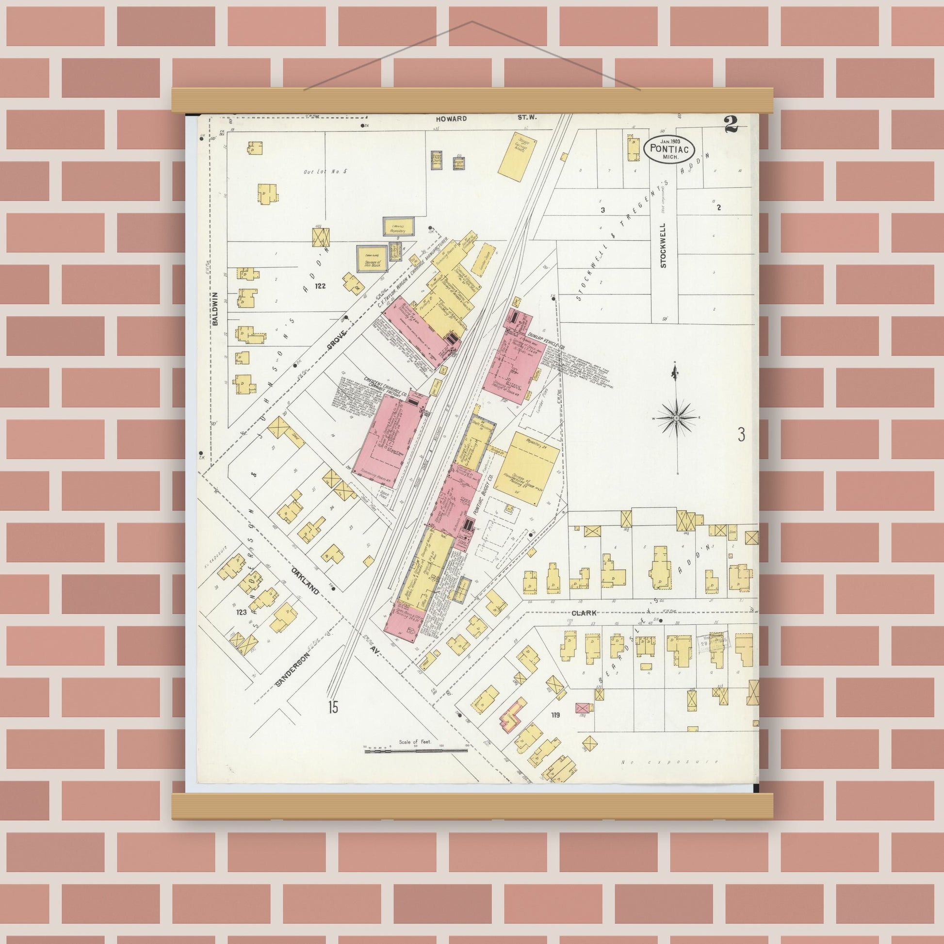 Old map wall art mockup — magnetic wood frame on brick wall — Sanborn Fire Insurance Map from Pontiac, Oakland County, Michigan (1903), Sheet #0002