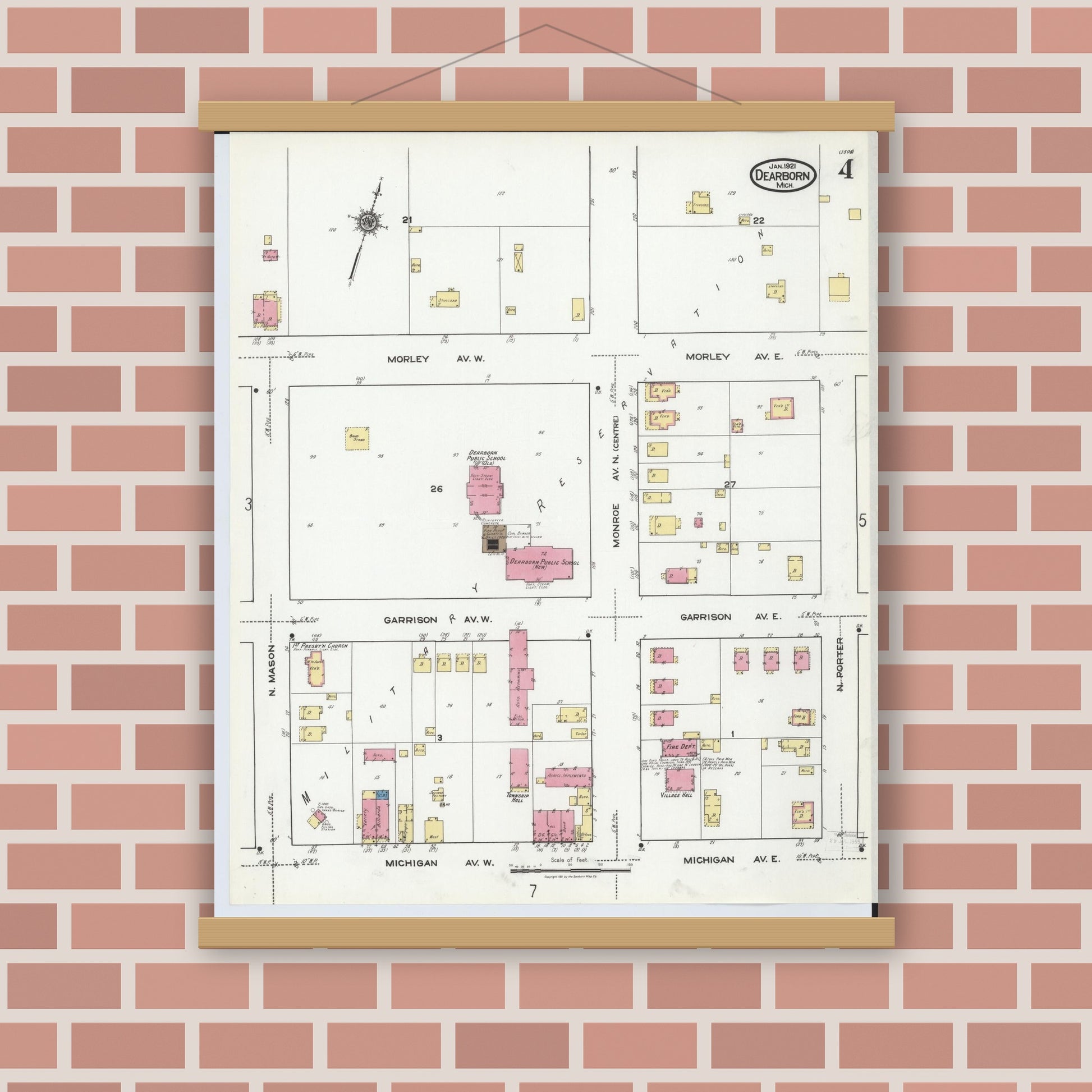 Old map wall art mockup — magnetic wood frame on brick wall — Sanborn Fire Insurance Map from Dearborn, Wayne County, Michigan (1921), Sheet #0004