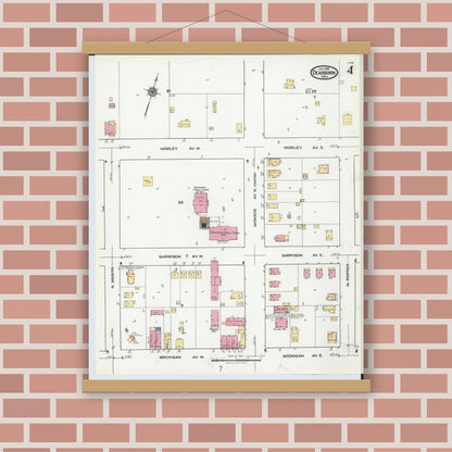 Old map wall art mockup — magnetic wood frame on brick wall — Sanborn Fire Insurance Map from Dearborn, Wayne County, Michigan (1921), Sheet #0004