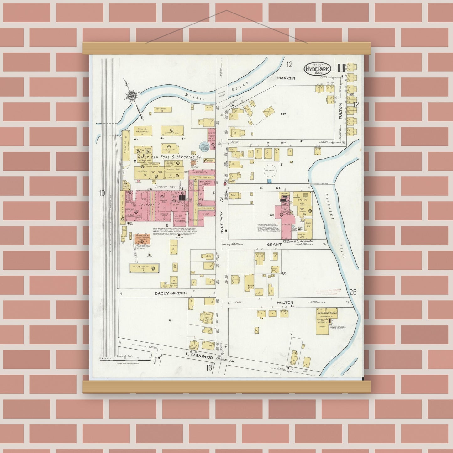 Old map wall art mockup — magnetic wood frame on brick wall — Sanborn Fire Insurance Map from Hyde Park, Norfolk County, Massachusetts (1917), Sheet #0011