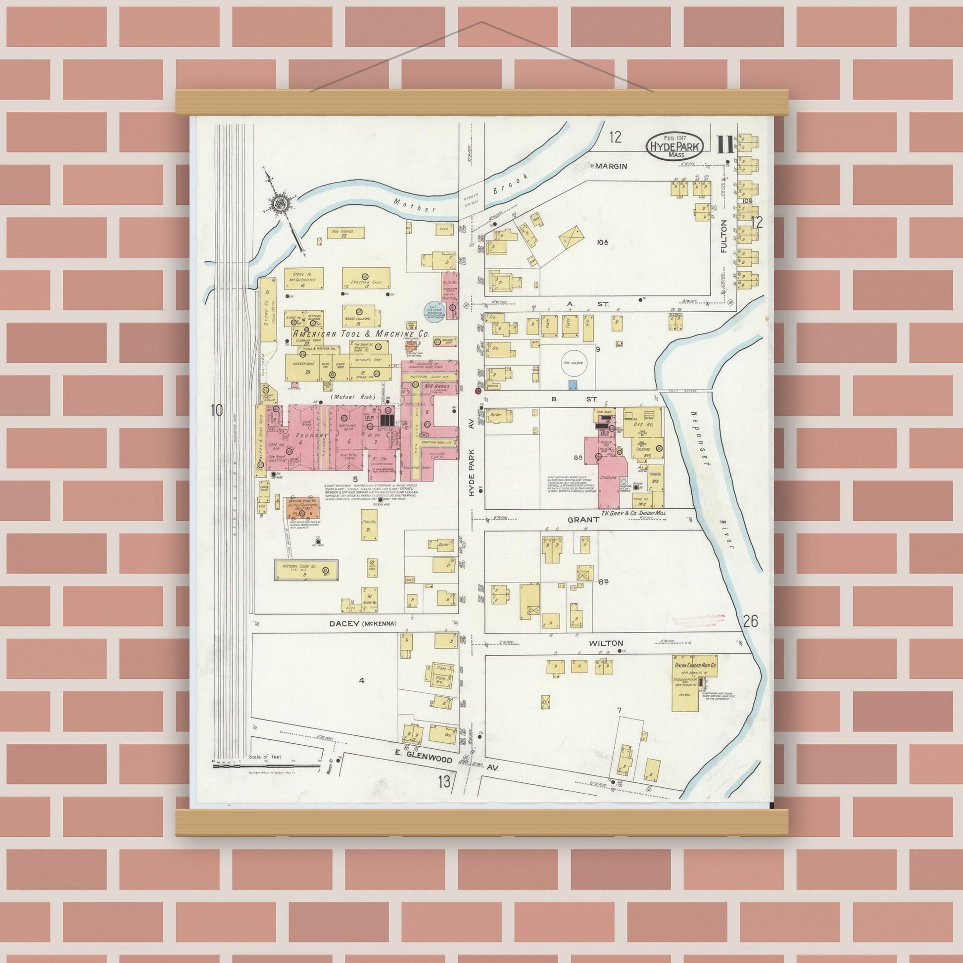 Old map wall art mockup — magnetic wood frame on brick wall — Sanborn Fire Insurance Map from Hyde Park, Norfolk County, Massachusetts (1917), Sheet #0011